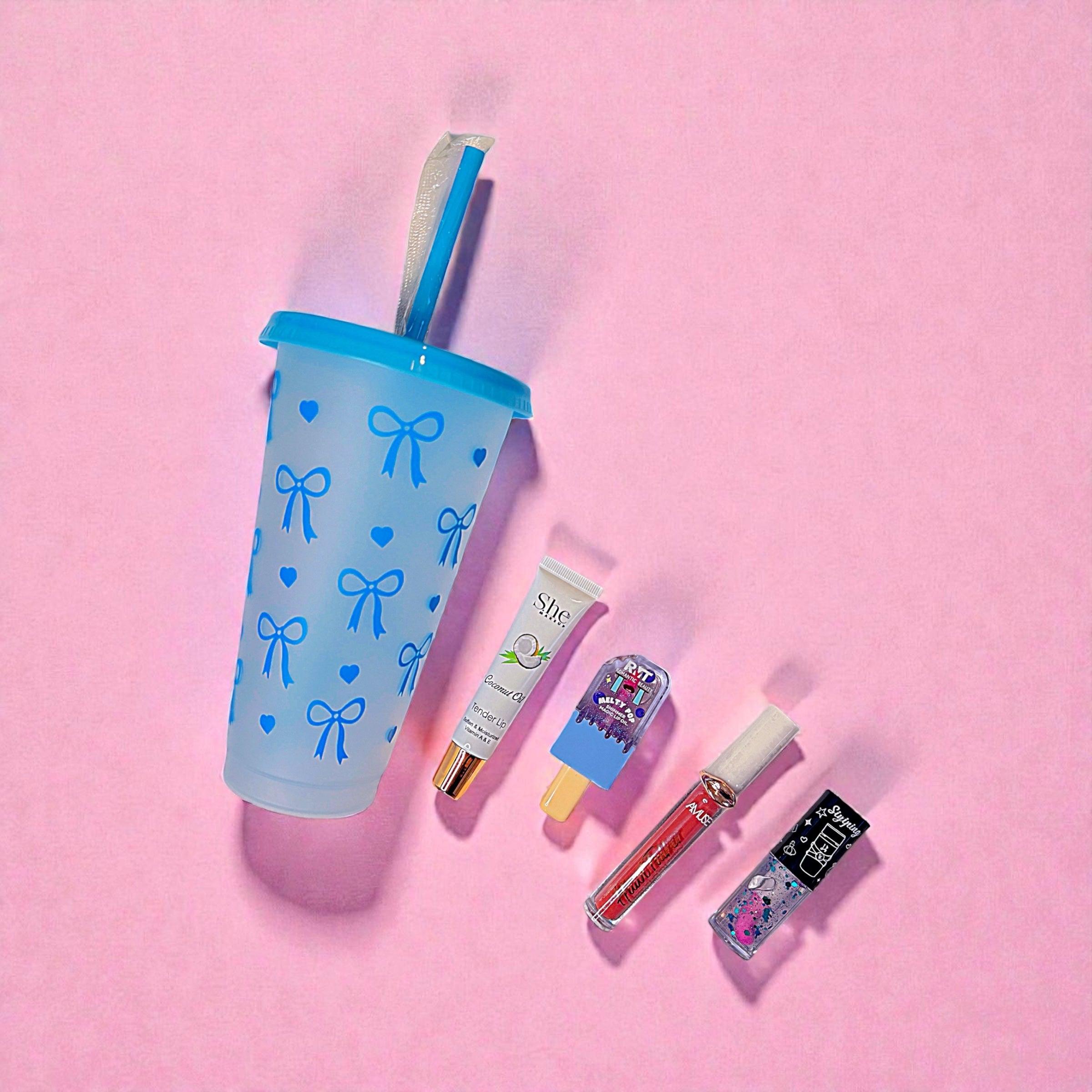 4 Lip Gloss Bundle & 24oz Plastic Tumbler - Kawaii Collection